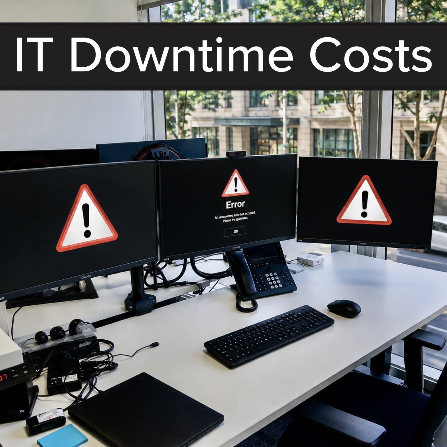 Three office monitors displaying error warning symbols, illustrating the cost of IT downtime for Adelaide small businesses
